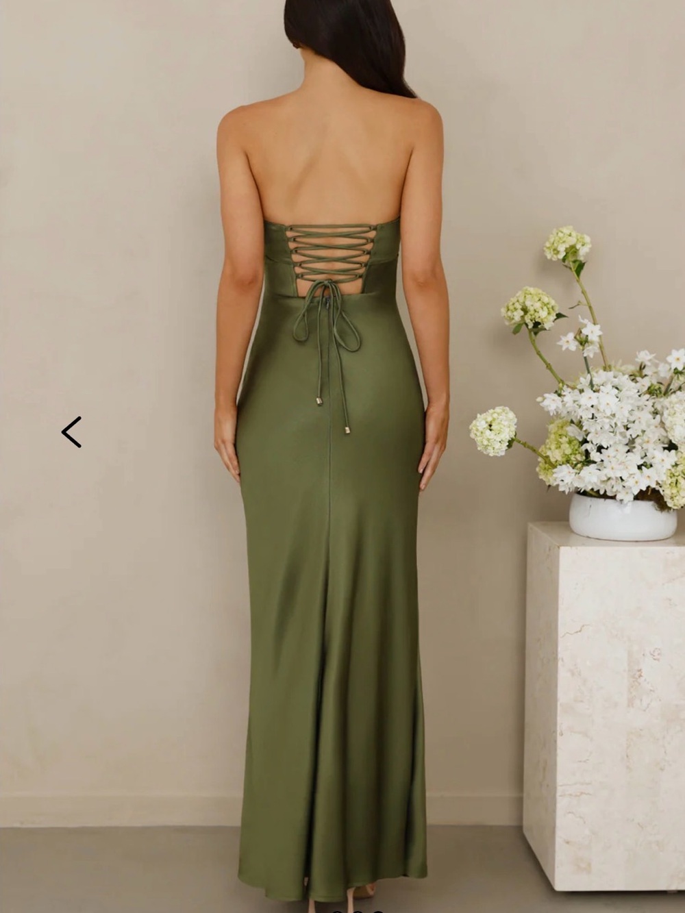 Strapless Satin Maxi Olive Dress - Picture 2 of 4